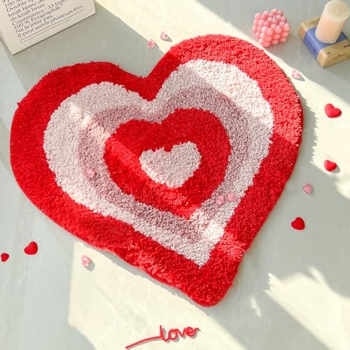 YRXRUS Herz-Badematte, roter herzförmiger Badezimmerteppich, Liebesteppiche für Mädchen, Frauen, Akzent, Valentinstagsgeschenk für Wohnzimmer, Schlafzimmer, Küche, Kinderzimmer, niedlicher Teppich,
