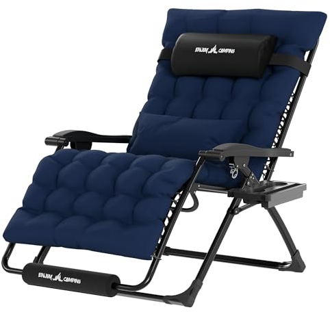 UDPATIO Sun Loungers with Cushion for Garden, Outdoor Reclining Zero Gravity Chair with Cup Holder, Extra Wide Folding Lounger Chair for Patio Beach Pool, Support 200kg Navy XL