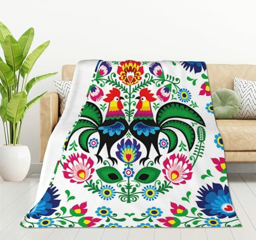 HGOD DESIGNS Überwurfdecke mit Hahn, Flanell-Fleecedecke, polnisches Blumenmuster, Volkskunst, quadratisches Muster mit Hahn, leichter Überwurf für Bett, Sofa, Reisen, Teenager, Geburtstag, 130 x 150