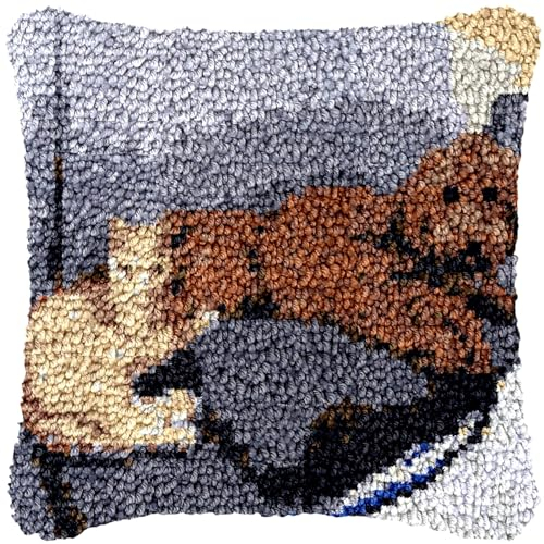 GSAEIMCT Diy-Häkelkissen-Kissenbezug-Set Für Anfänger – Sofa-Katzen- Und Hunde-Kissenbezug, Knüpfhaken-Stickset, Kreative Handarbeit, Kreuzstich, Basteln, Heimdekoration, Matte, Geschenk, 43 X 43 Cm