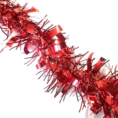 HSD Christmas Tinsel Garland 2M (6.5ft) Xmas Metallic Chunky Fine Sparkle Garland Shiny Christmas Tree Party Decorations (Chunky Red)