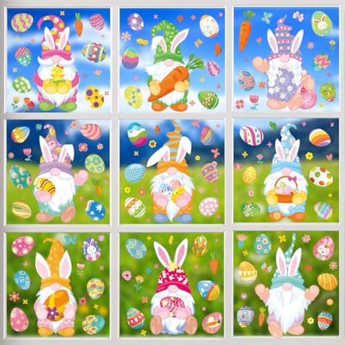Décorations de Pâques Autocollants,9 Feuilles Réutilisable Stickers Paques Enfant Electrostatique,Décorations de Pâques Oeufs et Lapin pour Porte Vitre