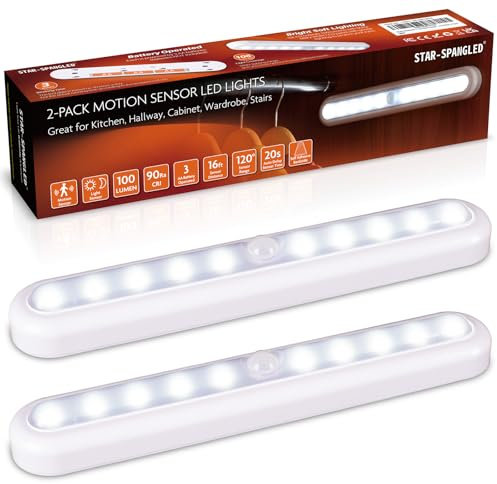 STAR-SPANGLED 11 inch Motion Sensor Lights Indoor AA Battery Powered, Stick on LED Light for Cupboard, Wardrobe, Closet, Stairs, Under Cabinet, Kitchen, Hallway (White, 2 Pack)