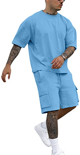 Fastkoala Herren Trainingsanzug Outfit Set Zweiteiler Rundhal Anzüge Sommer Oberteile & Kurze Jogginganzüge 2 Teiler Blau XL