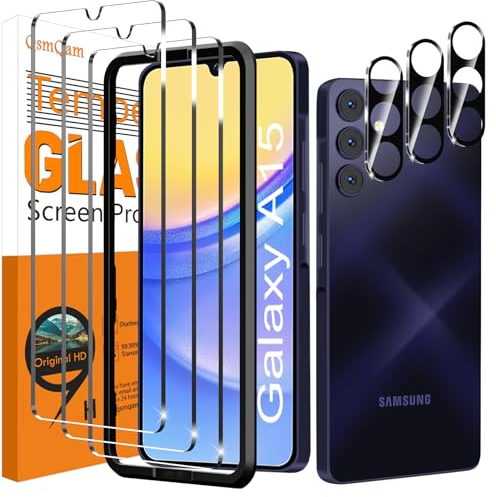 QsmQam 3 Piezas Protector de Pantalla para Samsung Galaxy A15 4G / 5G con 3 Piezas Protector de Lente de Cámara, Ultra HD Cristal Templado, Dureza 9H, Anti Arañazos, Sin Burbujas
