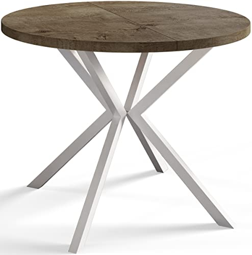 AlpiMeble Runder Esszimmertisch LOFT LITEN, ausziehbarer Tisch Durchmesser: 100 cm/180 cm, Wohnzimmertisch Farbe: Grau, mit Metallbeinen in Farbe Weiß