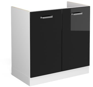 Vicco Spülenunterschrank R-Line, Schwarz Hochglanz/Weiß, 80 cm ohne Arbeitsplatte