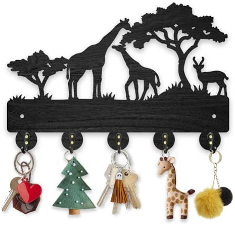MAYJOYDIY Porte-manteau mural en bois avec motif girafe africaine, 30 × 20 cm, crochets muraux décoratifs en forme de cerf, 5 crochets en alliage, motif arbre animal, noir pour cadeaux, entrée,