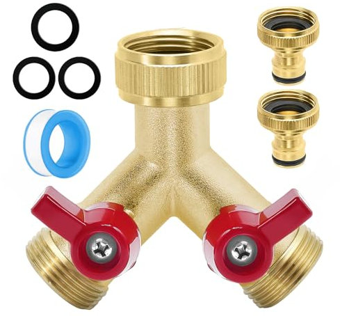2-Wege Wasserhahn Wasserverteiler, 3/4” Zoll Y Verteiler mit Absperrventil und 2 Stück Adapter, Schwere Ausführung aus Messing Gartenschlauch Verteiler Wasseranschluss Verteiler für Gardena System