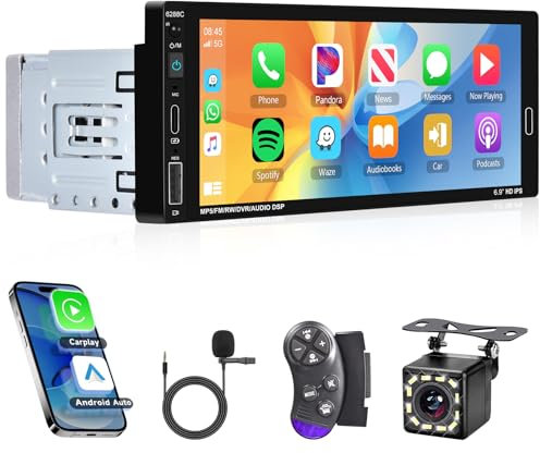 Hodozzy 1 Din Bluetooth Autoradio con Carplay e Android Auto, 6,86 Pollici HD Touch Screen con Mani Libere Autoradio Schermo Stereo Auto 1 Din Radio Airplay, FM EQ AUX/TF/USB + Telecamera Posteriore