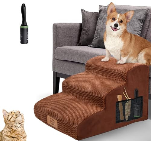 MASTERTOP Escaliers pour Chiens à 3 Marches en Éponge Haute Densité 30D, Échelle Large pour Animaux de Compagnie, Escaliers Chat Antidérapant avec Housse Amovible pour Monter Canapé et Lit (Marron)