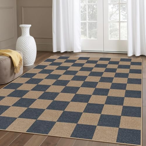 Lahome Karierter einfacher Jute-Wohnzimmerteppich, 12,7 x 17,8 cm, Esszimmer, Büro, Bauernhaus, Outdoor, Terrasse, Schachbrett, waschbar, rutschfest, für drinnen und draußen, blauer Teppich für