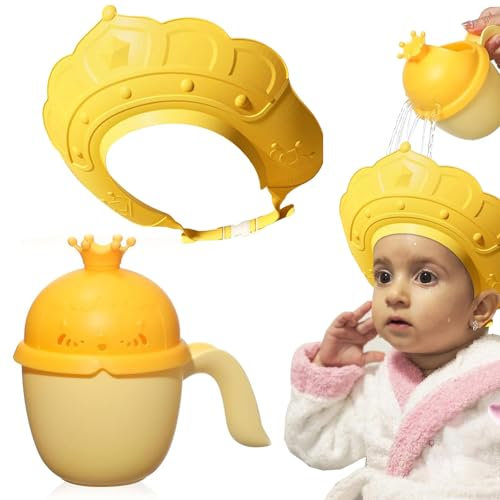 Kids Shower Cap, Hair Washing Aids for Kids, Baby Shower Cap for Kids with Bath Rinse Cup, Adjustable Crown Hair Washing Shampoo Shield, Baby Hair Washing Shield for Eyes, Ears and Face (Crown Yellow)