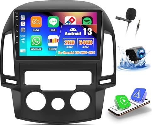 OiLiehu 2G+64G Android 13 Radio de Coche 2din Carplay Android Auto para Hyundai I30 2006-2011 Radio con Pantalla Radio Coche 9 Pulgadas con Mirror Link/EQ/Bluetooth/SWC/FM RDS/WiFi/GPS/Cámara