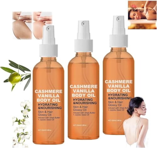 Vanille-Kaschmir-Körperöl, Kaschmir-Vanille-Körper- Und Haaröl, Sheabutter mit Jojoba Und Strahlenöl, Vanille-Kaschmir-Lotion-Sprühnebel, Feuchtigkeitsspendendes (3 Stück)
