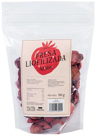 AZADA | Fresas liofilizadas 100 g | Fresas Deshidratadas en mitades | 100% Fresa | Sin Azúcar añadido | Crujiente | Sin Gluten | Vegano | Alto en Fibra | Para Toppings | Snack Saludable