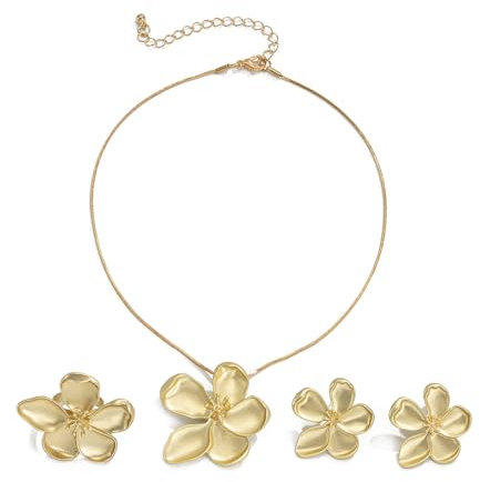 TTPSRY 3 Stück Blumen Schmuckset Halskette Ohrringe Ring Elegante Perlmutt Optik Damen Accessoires Hochzeit Schmuck