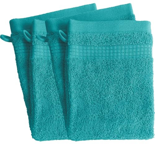 Lot de 4 Gants de Toilette - 100% Coton - 450 GR/m2 - Bleu Turquoise