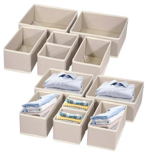 Clothes Drawer Organisers, 12-Piece Drawer Dividers, Folding Wardrobe Storage Organiser, Cloth Storage Box for for Clothes, Underwear, Bras, Socks, Lingerie, Clothing (Khaki)