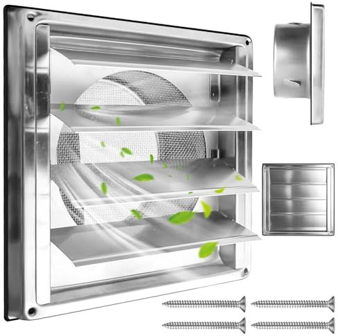Grille d'aération en acier inoxydable 125 mm avec moustiquaire, lamelles mobiles et clapet anti-retour, grille de protection contre les intempéries en acier inoxydable 304 avec joint en caoutchouc