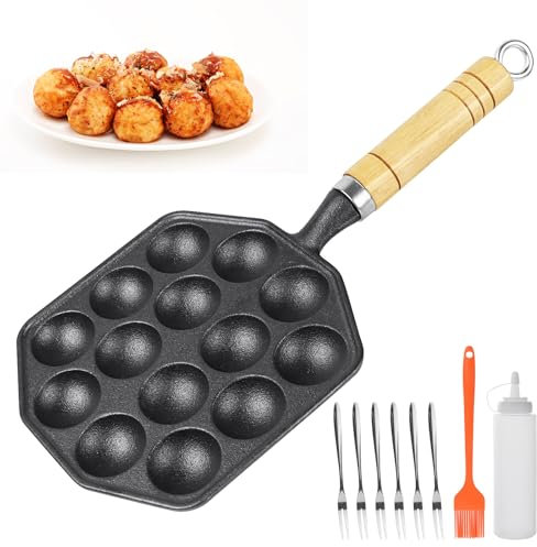 Hioph Cast Iron Griddle Pan, 14 Holes Takoyaki Pan with Detachable Handle, Takoyaki Maker with Brush, Batter Bottle, 6 Forks, Mini Pancake Maker for Induction Hob, Gas Hob