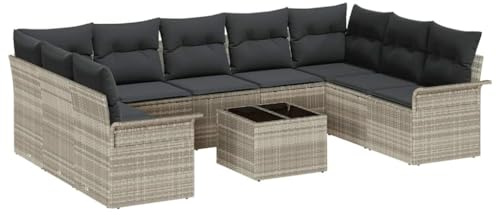 vidaXL 10-teiliges modulares Garten-Sofa-Set mit Kissen in Hellgrau aus Poly Rattan | Verstellbare Füße für bequemes Sitzen im Freien, Moderne Möbel für die Terrasse, Lounge-Couch für den Garten