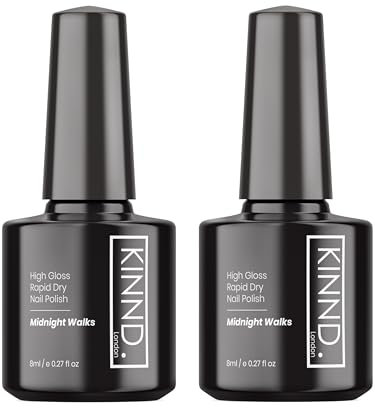 Quick Dry Nail Polish | Midnight Walks, 2 x 8ml (16ml) | Black Rapid Drying Nail Varnish | No UV/LED Required | 12 Free, Cruelty Free, Vegan, Made in UK