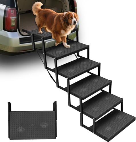 Hundetreppe Auto mit Rutschfester Textur für Kleine ＆ Große Hunde 6 Stufen | Hochwertiger Kunststoff, Jede Stufe mit Stahlstangen Verstärkt, 80kg, Niedliche Pfotenabdruck-Muster, Leicht und Klappbar