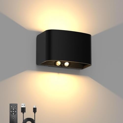 T-SUN LED Akku Wandleuchte Innen mit Bewegungssensor, 3000K Warmweiß Aufladbar Wandlampe mit Fernbedienung, Up and Down Außenwandleuchte, 2 Modi Wandstrahler für Wohnräume, Flur, Vordach, Schlafzimmer