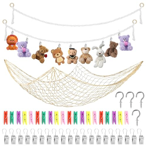 VOSSOT 2 Stück 2M Kuscheltier Aufbewahrung Netz, Spielzeugaufbewahrung Kinderzimmer, Stofftier Hängende Organizer Hängematte, mit 40 Clips Aufbewahrung Kuscheltiere für Kuscheltiere, Weiß