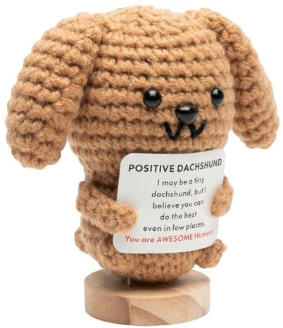 BelleFlair 1 Positiver Dackel Häkelkuscheltier, Emotional Support Geschenk für Dackel Liebhaber, Mutmacher mit inspirierendem Spruch, Dachshund Deko, Positive Geschenke