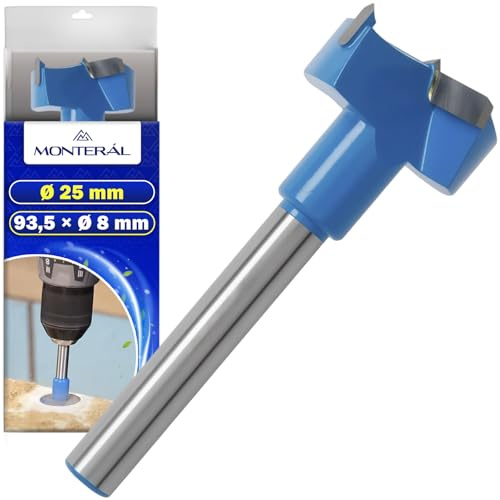 Broca Forstner Ø 25 mm con Vástago 93,5 x Ø 8 mm - Broca Madera de Acero de Alta Resistencia 88 HRC con Cuchillas de Carburo - MONTERAL