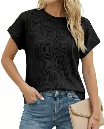 Enmain Ladies Tops Cap Sleeve Summer Crew Neck Stretch Non-Iron Short Sleeve Casual T-Shirt Blouse Textured Solid Tee Shirts Going Out Work Evening Basic Tops for Women
