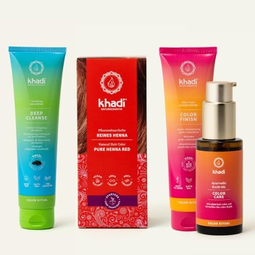 khadi ColorCycle HENNA PURA Kit completo - Tinte vegetal para el cabello + DEEP CLEANSE Champú clarificante ayurvédico + COLOR FINISH Acondicionador para después del tinte + Aceite capilar COLOR CARE