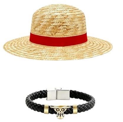 HAICN 2PCS Pirate Straw Hat Wristband Wrap Animation Sets Anime Costume Cap Anime Pirates Jewellery Pirate Theme Leather Bracelet Animation Cosplay Accessories