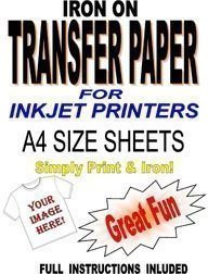 Inkjet Printable Iron On T Shirt & Fabric Transfer Paper for Light Fabrics 5 A4 Sheets