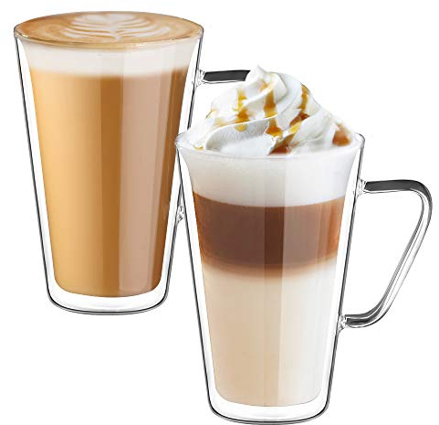 ecooe Doppelwandige Latte Macchiato Gläser Set Borosilikatglas Kaffeetassen Glas 2er Set 450ml Kaffeeglas Teegläser mit Henkel für Cappuccino,Latte Macchiato,Tee,EIS,Milch,Bier