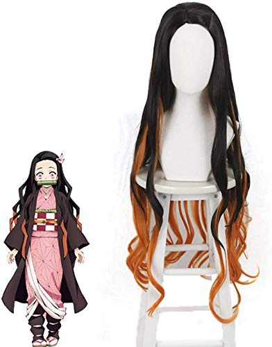 Generico Nezuko Damen Locken Perücke, 60 cm, Menschliches Haar, WIG, Perücke, Cosplay, Karneval, Party