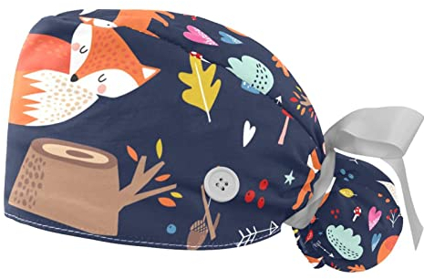 2 Packungen Arbeitskappe mit Knöpfen und Band für Frauen langes Haar, verstellbares Baumwollschweißband Arbeitsmütze Pferdeschwanzhalter, Raffhalter Hüte, Comic Cartoon Fox, multi, Einheitsgröße