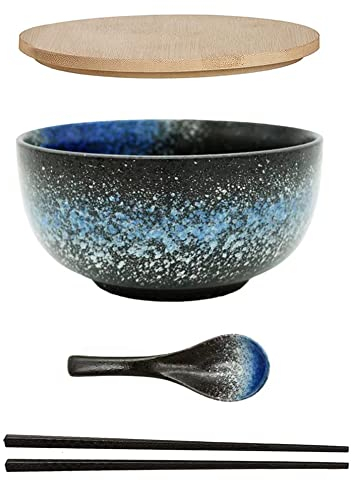 Ramen Schüssel Keramik Set mit Löffel Essstäbchen,1100 ML Großer Suppenschüssel,Salatschüsseln Für Suppe, Pho und Sushi Bowl (Blaue Schale Set)