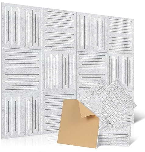 Yrendenge Gestreifte Akustikplatten, 12 Stück Akustikplatten Selbstklebend Schalldichte Akustikpaneele, Hoher Dichte Schalldämmung Wand Panel Schallabsorber Wand für Wohnzimmer Studio Dekor,Grau