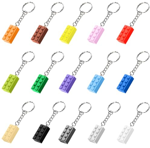KRISFD Kunststoff Anhänger Schlüsselbund 15 Stück Party Schlüsselanhänger Schlüsselbund Aus Kunststoff Brick Keychain Für Lego Schlüsselanhänger Geburtstag, Party Bag Fillings, Belohnungen, Anhänger