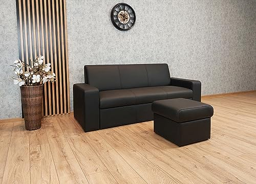 Quattro Meble Schwarzes 3 er Echtleder Sofa Antalya I FS Extra Breite 200 cm mit Schlaffunktion + Hocker 75x55 cm Ledersofa Echt Leder Couch große Farbauswahl !!!