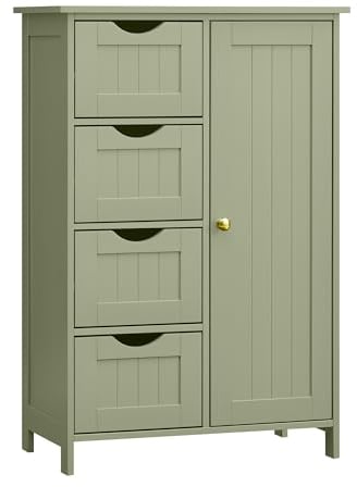 VASAGLE Badezimmerschrank, schmaler Badschrank, Beistellschrank, Kommode, mit 4 Schubladen, Schranktür, verstellbare Ablage, 30 x 55 x 82 cm, lorbeergrün LHC041C02