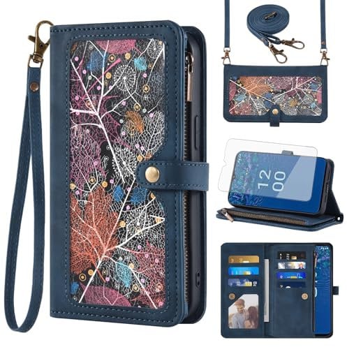 Asuwish Phone Case for Nokia G42 5G / Nokia G310 5G (6.56) Wallet Cover With Screen Protector Crossbody Wrist Strap Leather Flip Pattern Zipper Credit Card Holder Stand Cell NokiaG42 NokiaG310 Blue
