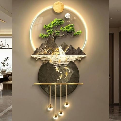 FLTRGO 3D -Kunst -Wanddekoration, Wandskulpturen Hängende Malerei Koi -Fische, Die Kiefern Wandkunst Dekorationslampe Begrüßen