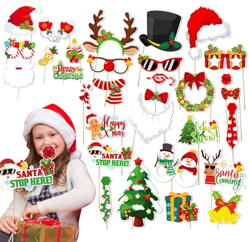 Accessoires de photomaton de vacances, accessoires de selfie de Noël | Ensemble de 30 kits de panneaux de pose de Noël | Kits de panneaux de pose de Noël amusants, panneaux de selfie pour fête de Noël