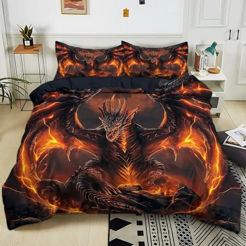 Bettwäsche 135x200 cm Flammenschwarzer Drache-Fantasie 3D Bedruckte Bettbezug Einfache Pflege 3-Teiliges Bettwäsche Set Polyester Baumwolle mit Reißverschluss und 2 Kissenbezug
