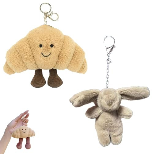 fufupaw 2 Stück Croissant Schlüsselanhänger,Croissant, Taschen Anhänger, Brot Form Plüschtier,mit Schlüsselanhänger, Lustiges und Kreatives Geschenk für Kinder, Hase Kaninchen Keychain Netter