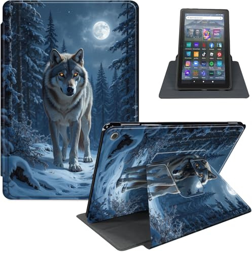 Schutzhülle für Amazon Fire HD 8 & 8 Plus Tablet (12. / 10. Generation, 2024 / 2022 / 2020), 360 ° drehbar, PU-Leder, Standfunktion, automatische Sleep/Wake-Funktion, Multi-Winkel-Ansicht, Wolf im